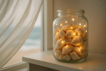 Seashells and warm fairy lights in glass jar on windowsill with ocean view, cozy beach themed home decoration inspiration.の素材