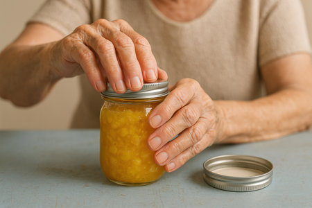 Elderly person closing glass jar of homemade fruit jam with hands on wooden table in warm natural home environment.の素材