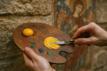 Artist mixing vibrant yellow paint on a wooden palette with a spatula beside a historic religious wall mural depicting an angel.の素材