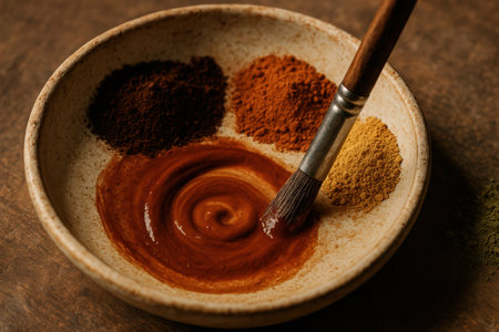 Natural powdered spices being mixed in a rustic ceramic bowl with a brush, showing vibrant earthy tones and culinary preparation.の素材