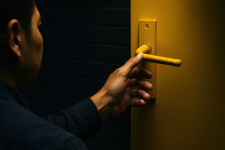 Man opening vibrant yellow door in dimly lit interior, close up of hand turning handle, concept of access and opportunity.の素材