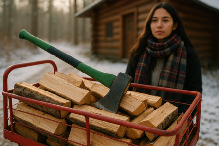 Young woman preparing firewood outdoors with an ax and wooden logs near a rustic cabin in a snowy winter forest setting.の素材