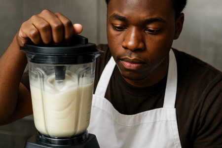 Focused young man in apron using kitchen blender to mix smooth creamy ingredients for homemade cooking preparation.の素材