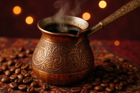 Traditional copper cezve filled with hot steaming coffee surrounded by roasted beans on a patterned cloth with warm bokeh lights.の素材