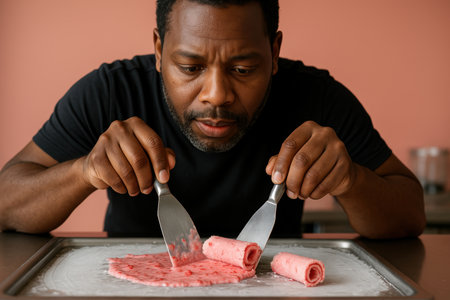 Focused man making fresh strawberry rolled ice cream on a cold plate with metal spatulas in a modern dessert setting.の素材
