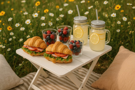 Fresh summer picnic with croissant sandwiches, mixed berries, and lemonade on a white table outdoors in a blooming field.の素材