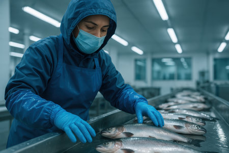Worker in protective gear inspecting fresh fish on conveyor belt in modern seafood processing facility.の素材