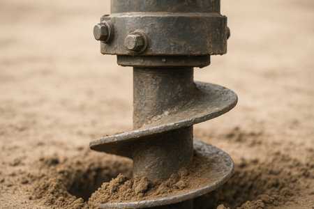 close up of metallic auger drilling into dry soil at construction site, demonstrating earth moving equipment in operation.の素材