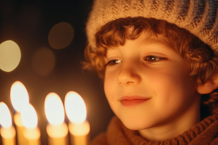 Smiling child enjoying candlelit celebration in cozy winter hat.の素材