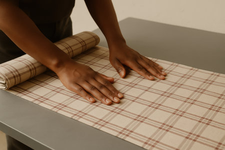 Person measuring and smoothing plaid patterned fabric on a table with careful hands for crafting or sewing projects.の素材