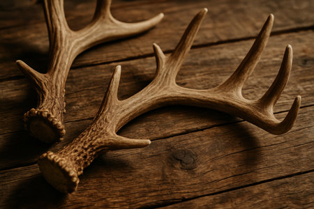 Pair of natural deer antlers resting on rustic wooden surface with detailed texture and earthy tones in soft natural lighting.の素材