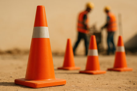 Bright orange safety cones positioned on sandy ground with construction workers in reflective vests blurred in the background.の素材