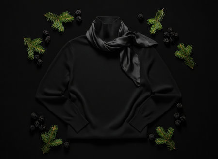 Elegant black sweater with silk scarf surrounded by evergreen branches and blackberries on minimal dark background.の素材