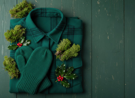 Green plaid shirt and knitted mittens with holly berries and moss on rustic wooden background for winter holiday concept.の素材