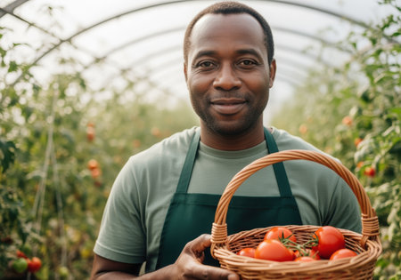 Smiling farmer holding a wicker basket of ripe tomatoes in a greenhouse filled with lush green plants and vibrant produce.の素材