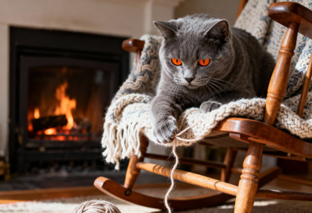 Gray cat lounging on a cozy knitted blanket in a wooden rocking chair by a warm fireplace, playing with a ball of yarn.の素材