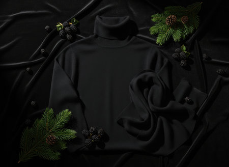 Elegant black turtleneck sweater on velvet fabric with fresh evergreen branches, pinecones, and ripe blackberries for winter fashion.の素材
