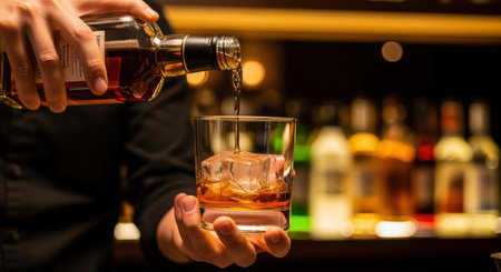 Bartender pouring whiskey into a glass with ice cubes at a modern bar under warm ambient lighting during evening hours.の素材