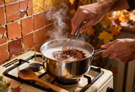 Man whisking hot chocolate mixture in saucepan on rustic stove with autumn leaves and steam rising in cozy kitchen setting.の素材