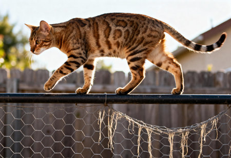 Bengal cat walking along a metal fence in a backyard during golden hour with sunlight highlighting its distinctive markings.の素材