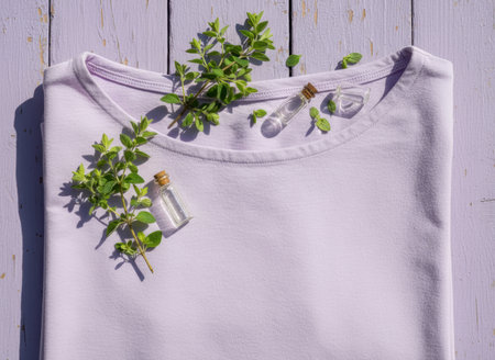 Soft lavender shirt with fresh herb sprigs and small glass bottles arranged on rustic wooden surface in natural sunlight.の素材