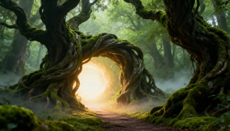 Enchanted forest pathway opening into a glowing magical portal surrounded by ancient twisted trees and lush vibrant greenery.の素材