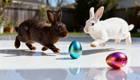 Playful brown and white rabbits jumping on a shiny surface with colorful eggs in a bright outdoor garden in springtime.の素材