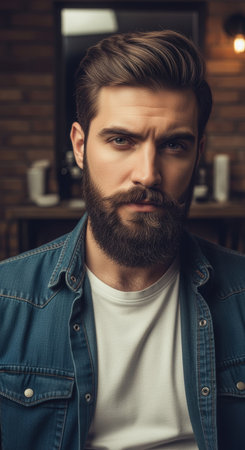 Confident bearded man with styled hair and denim shirt standing in modern barber shop with wooden interior and grooming tools.の素材