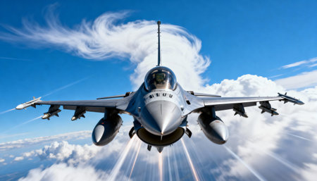 Fighter jet soaring above the clouds with powerful afterburners, leaving vapor trails and showing advanced aeronautical engineering.の素材