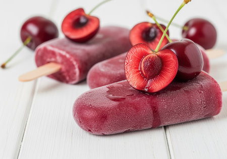 Frozen cherry popsicles with fresh cherries on a white wooden background, highlighting summer dessert trends and natural ingredients.の素材