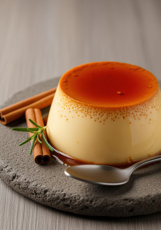 Classic caramel flan custard dessert topped with syrup, garnished with cinnamon sticks and rosemary on a rustic gray plate.の素材