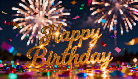Colorful confetti surrounds glittering happy birthday sign with fireworks bursting in night sky during festive outdoor celebration.の素材
