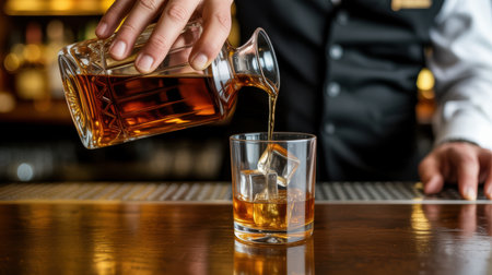 Bartender pouring whiskey into glass with ice cubes on wooden bar counter, evening ambiance in upscale lounge setting.の素材