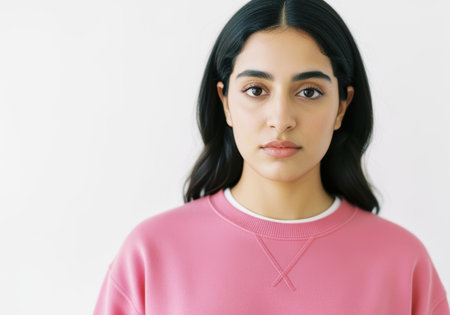 Young woman in casual pink sweater standing against white background with calm expression and direct eye contact.の素材