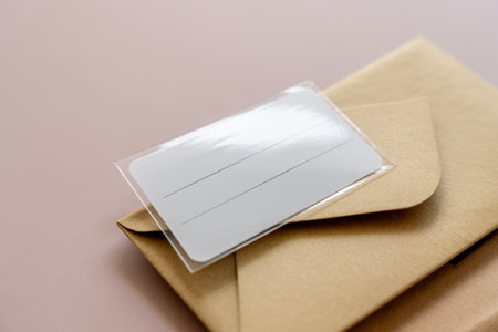 Blank label on brown kraft paper envelope with soft pastel background for minimalist correspondence and invitation mockup concept.の素材