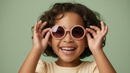 Joyful young child in round sunglasses smiling against pastel green background, expressing happiness and stylish playful personality.の素材