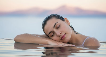 Serene woman relaxing with closed eyes in tranquil infinity pool, peaceful water, distant mountains, and soft pastel sunset.の素材