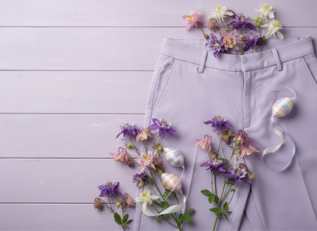 Pastel lavender pants with fresh spring flowers and decorative easter eggs on a light purple wooden background.の素材