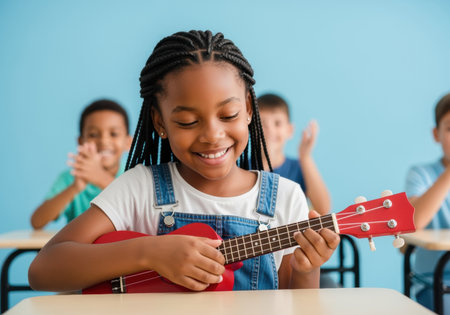 Smiling young girl playing red ukulele in classroom while classmates clap in background, joyful music education activity.の素材