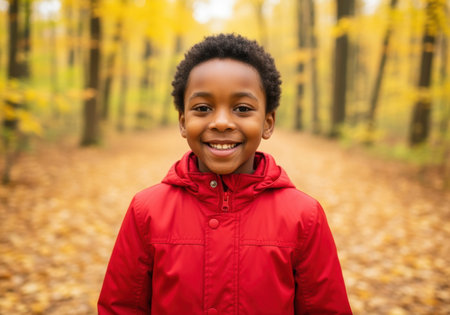 Smiling young boy in red jacket standing on forest path covered in autumn leaves among tall trees during fall season.の素材
