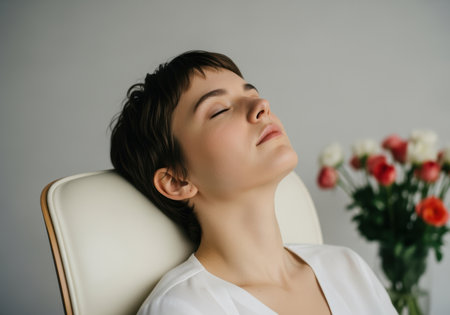 Peaceful young woman relaxing with eyes closed in a modern chair indoors, colorful bouquet of flowers in soft focus background.の素材