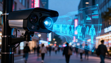 Ai security camera analyzing pedestrian movement and urban crowd patterns with real time data visualization on a busy city street.の素材