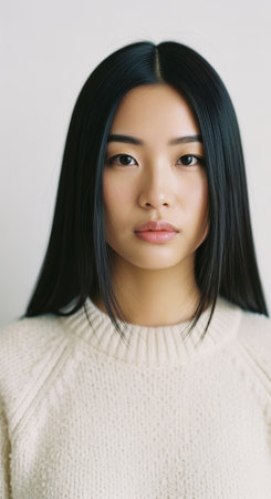 Portrait of a young woman with long straight black hair, wearing a cream knit sweater against a plain white background.の素材