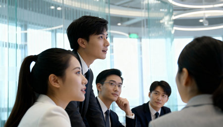 young Asian business professionals collaborating during a corporate meeting in a modern office with glass partitions.の素材