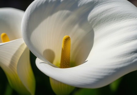Elegant white calla lily flower blooming in natural sunlight with vivid yellow spadix and delicate smooth petal texture.の素材