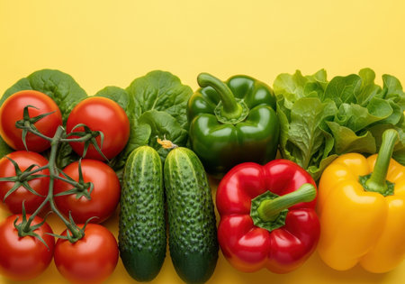 Fresh tomatoes cucumbers green bell peppers yellow peppers and lettuce arranged on vibrant yellow background for a healthy lifestyle.の素材