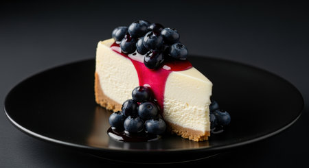Creamy cheesecake slice topped with fresh blueberries and berry sauce on a black plate against a dark background.の素材