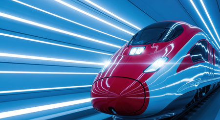 Modern high speed red passenger train moves swiftly through futuristic illuminated tunnel with sleek streamlined aerodynamic design.の素材