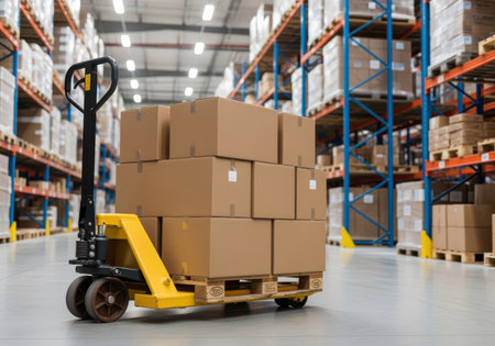 Pallet jack loaded with cardboard boxes on warehouse floor surrounded by industrial shelving and organized inventory storage.の素材
