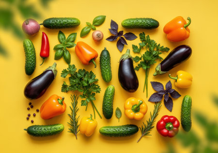 Colorful fresh vegetables including eggplants, peppers, cucumbers, and herbs arranged on a vibrant yellow background.の素材